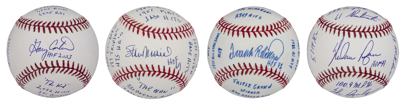 Lot of (4) Hall Of Famers Single Signed Baseballs With Stat Inscriptions: Musial, Ryan, F. Robinson & Carter (Beckett)
